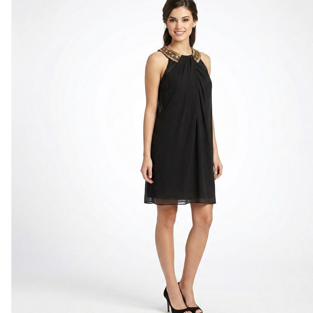 NEW ECI New York Black Gold Embellished 100% Silk Dress size 2